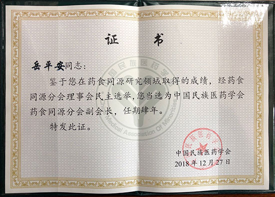 喜訊！恭喜岳平安董事長(zhǎng)榮獲“中國(guó)民族醫(yī)藥學(xué)會(huì)藥食同源分會(huì)副會(huì)長(zhǎng)”